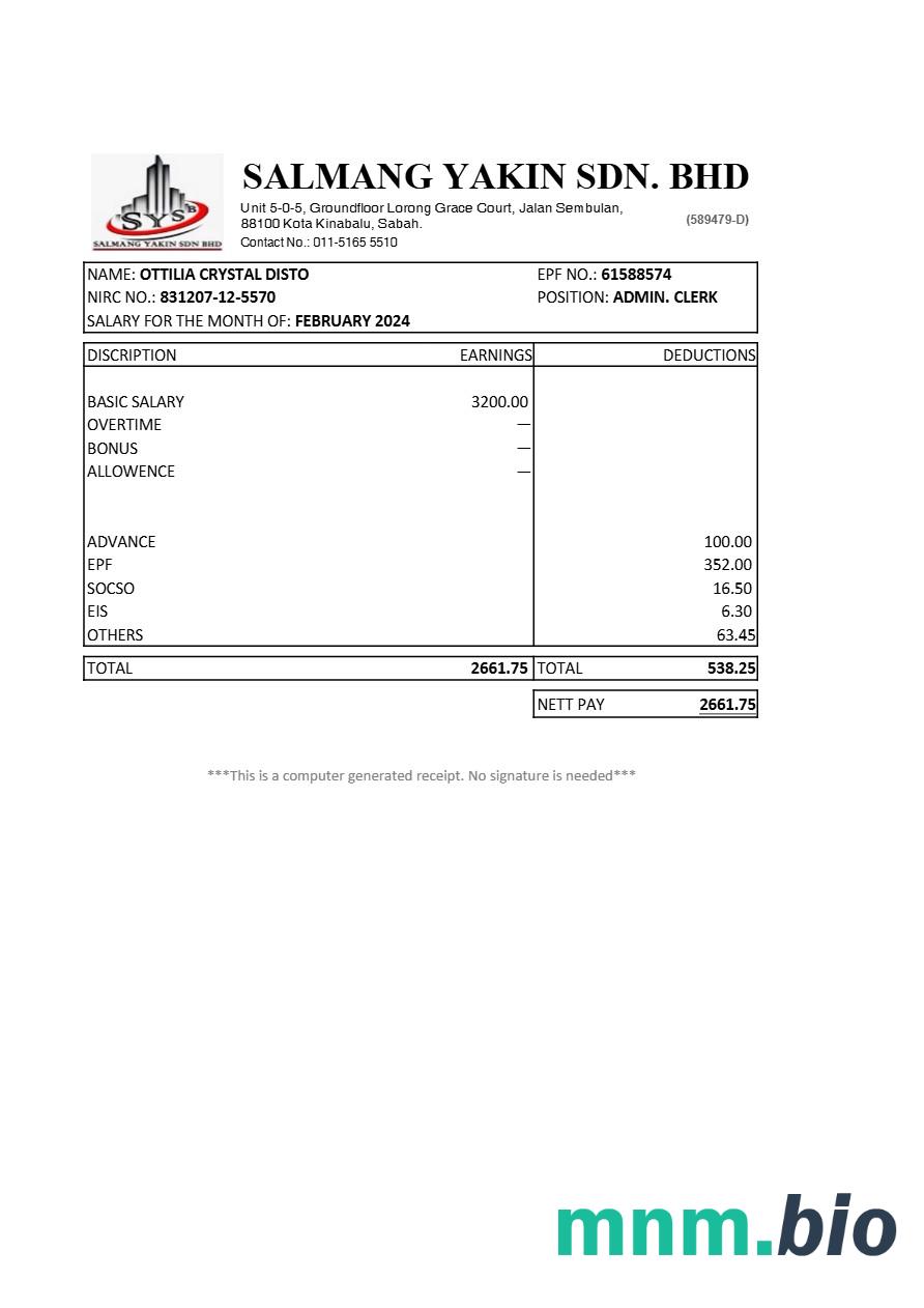 Malaysia Salmang yakin construction company payslip template in Word and PDF formats